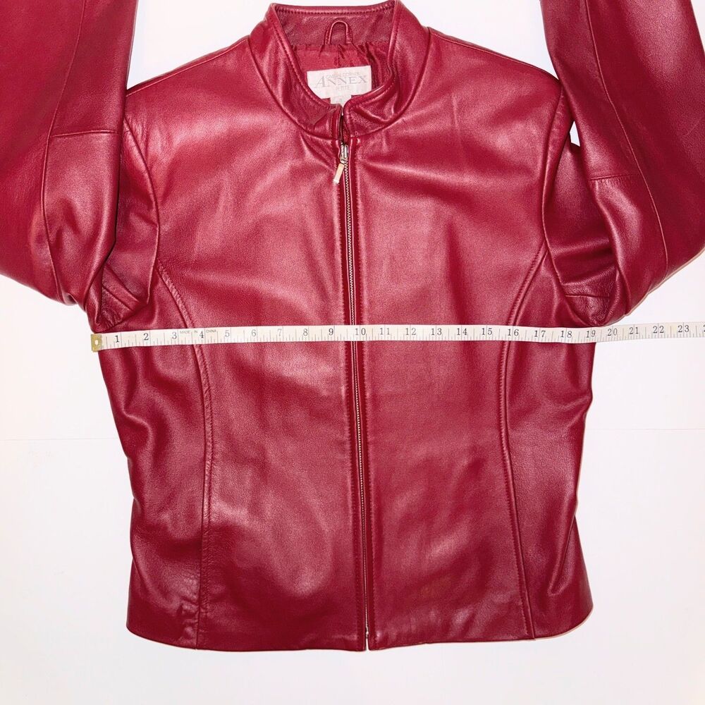 Casual Corner Annex Petite 90's Red Leather Jacket Zip Front Racing Lined M - Picture 8 of 16